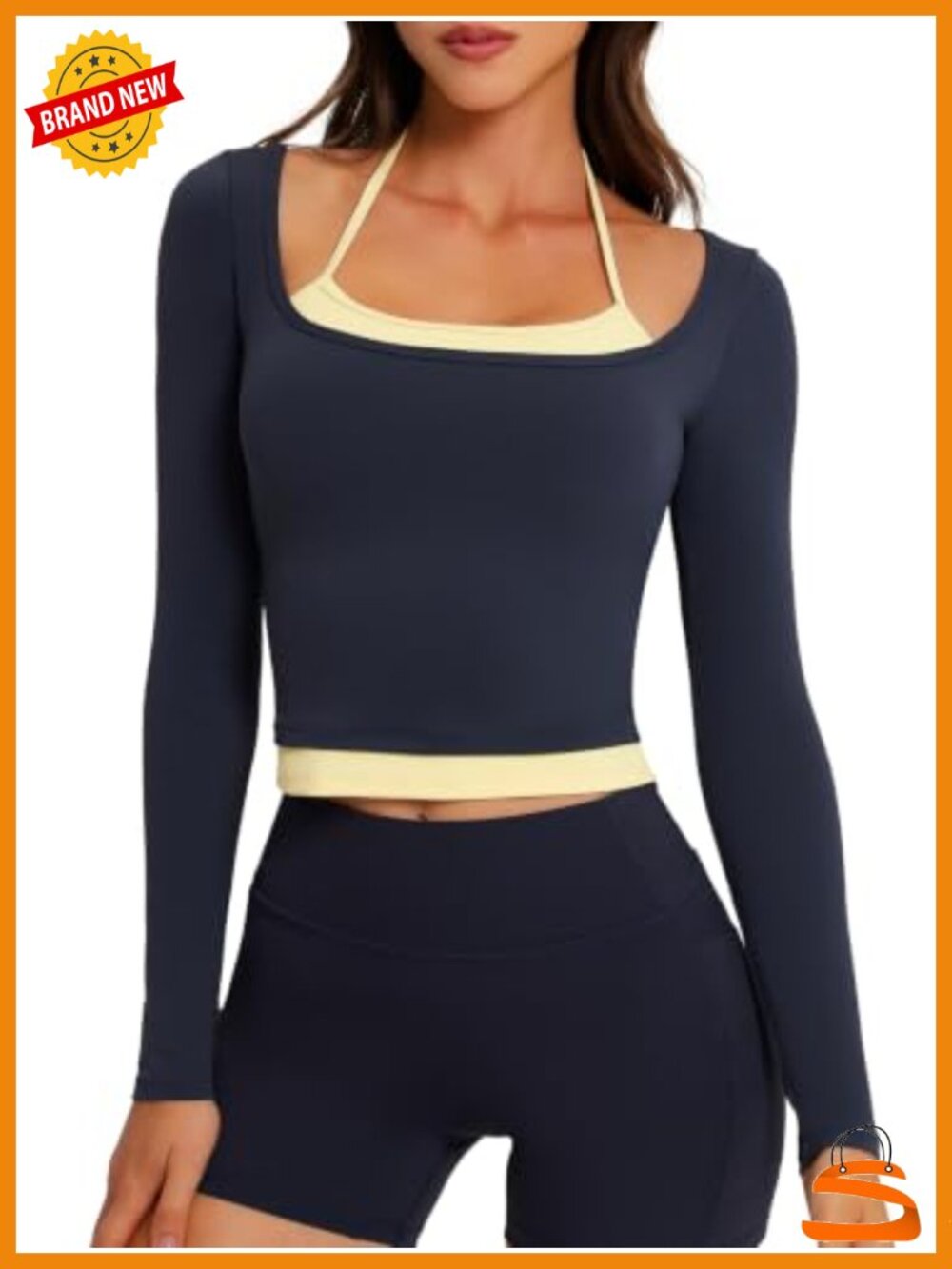 Layered Long Sleeve Halter Sports Bra Padded Workout Tank Top